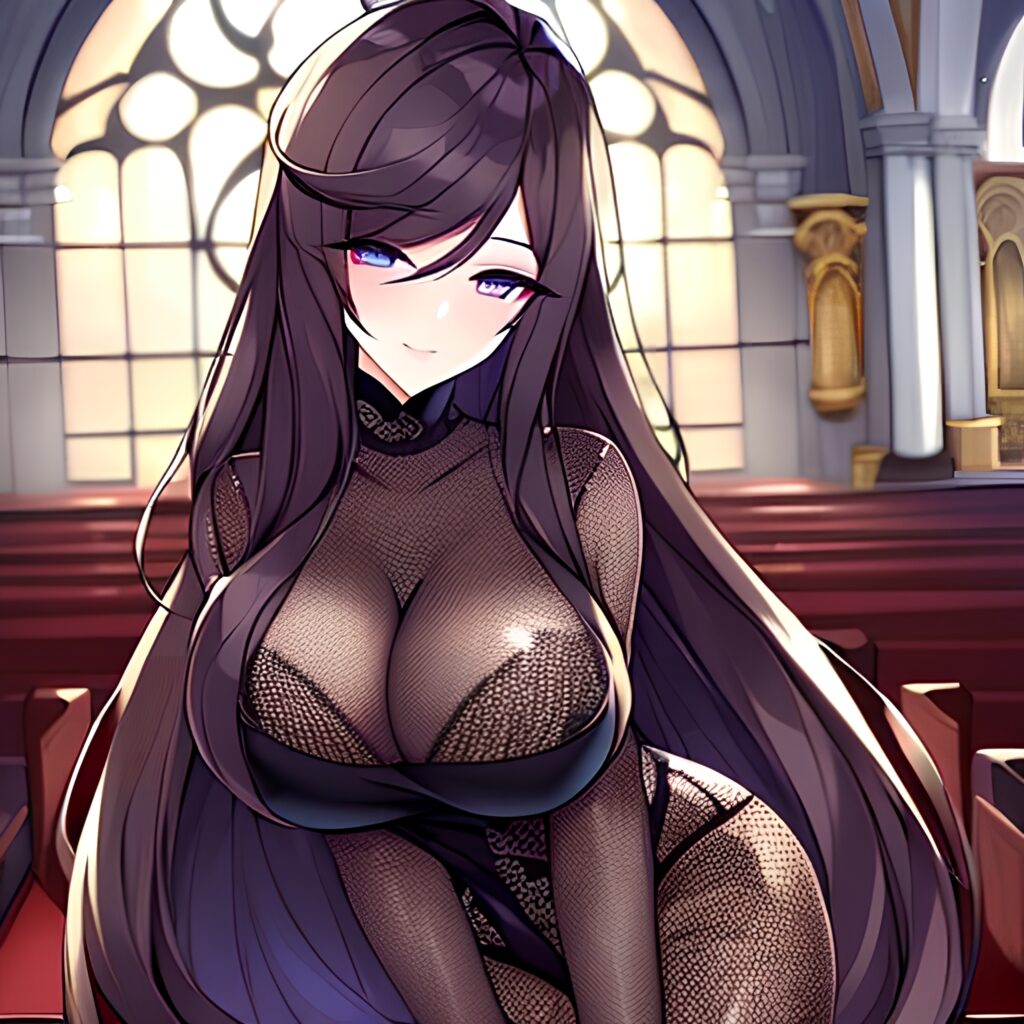 long hair brunette messy hair fishnet church woman