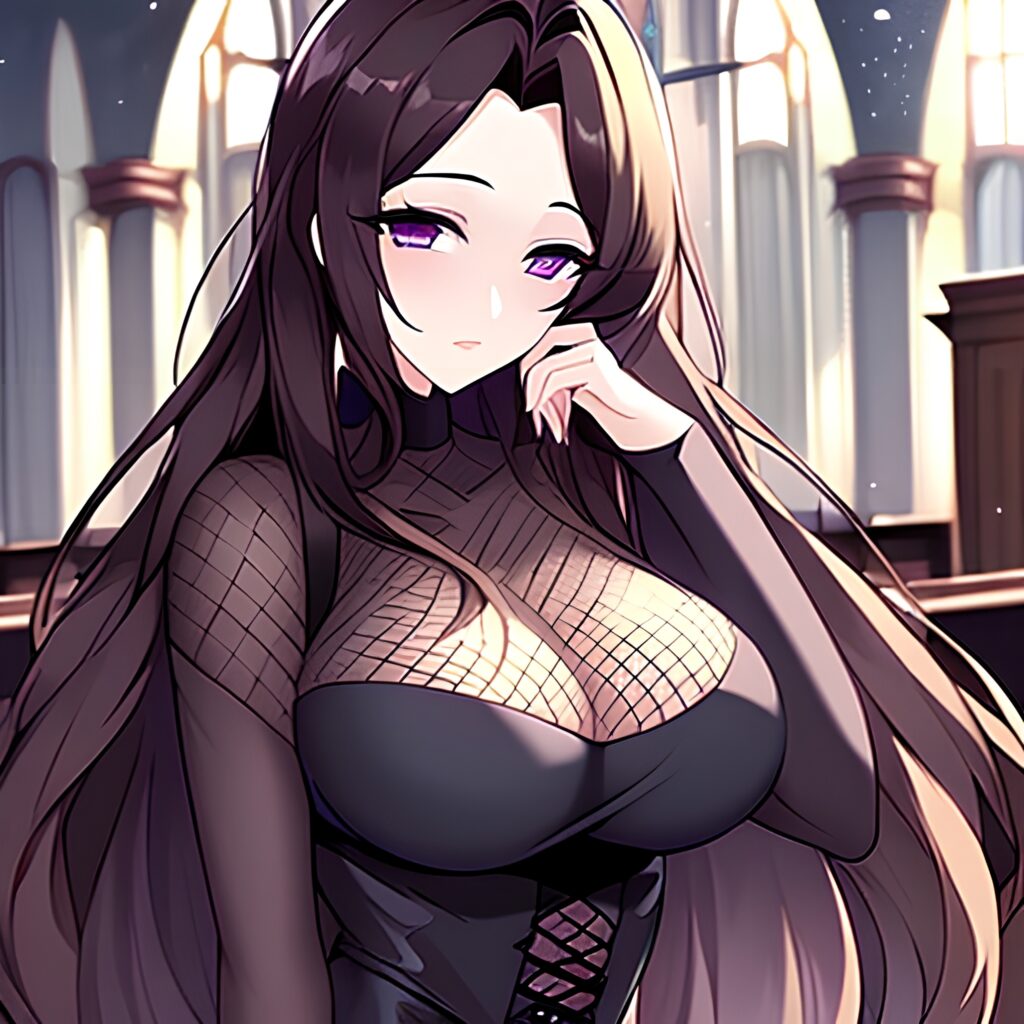 long hair brunette messy hair fishnet woman church