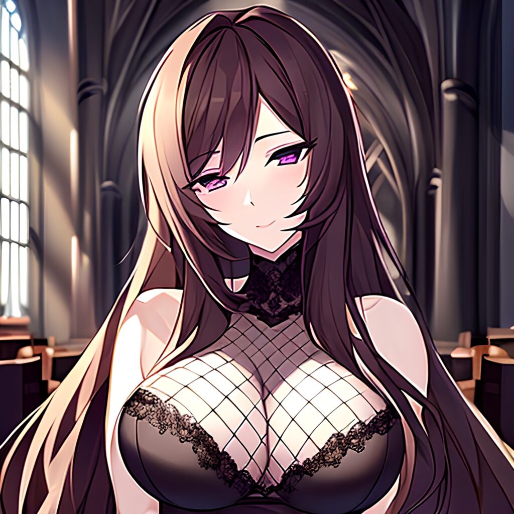 long hair brunette messy hair fishnet woman church