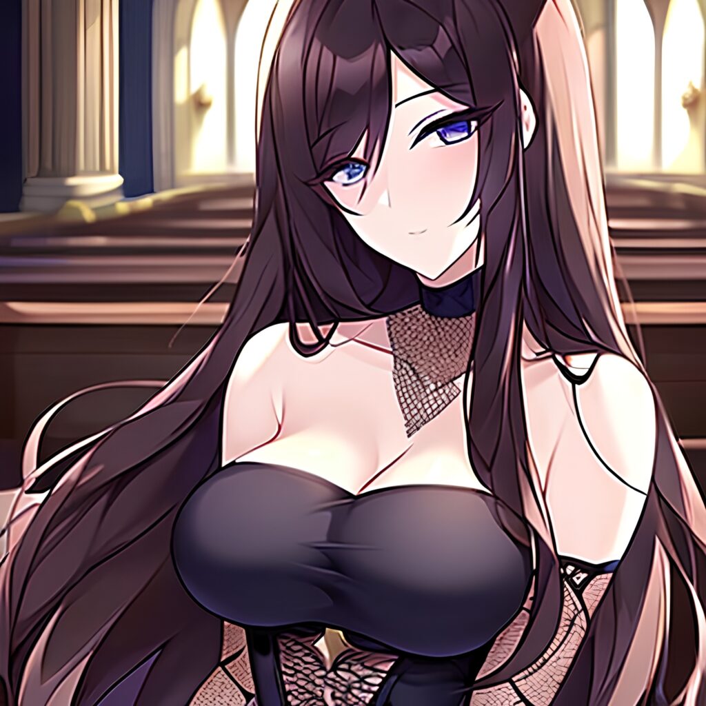 long hair brunette messy hair woman church fishnet 