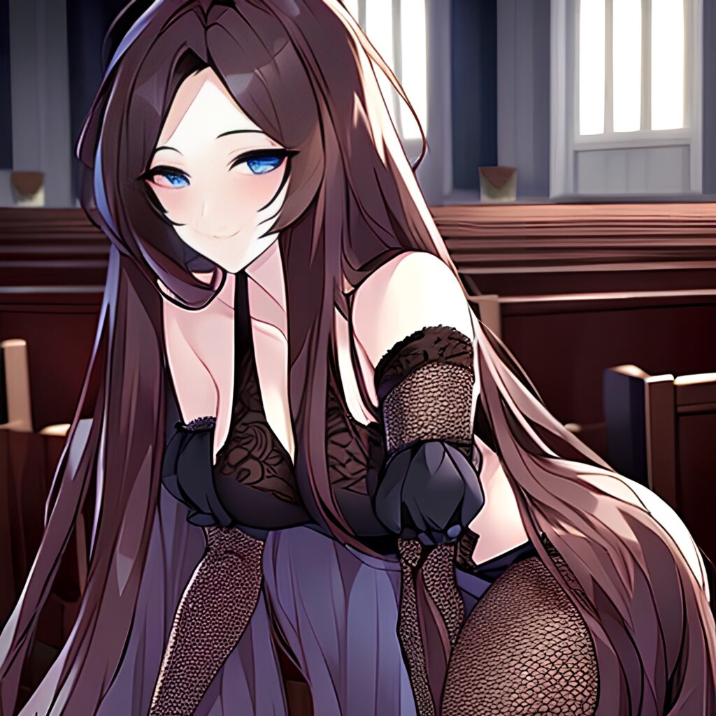 long hair brunette messy hair woman church fishnet 