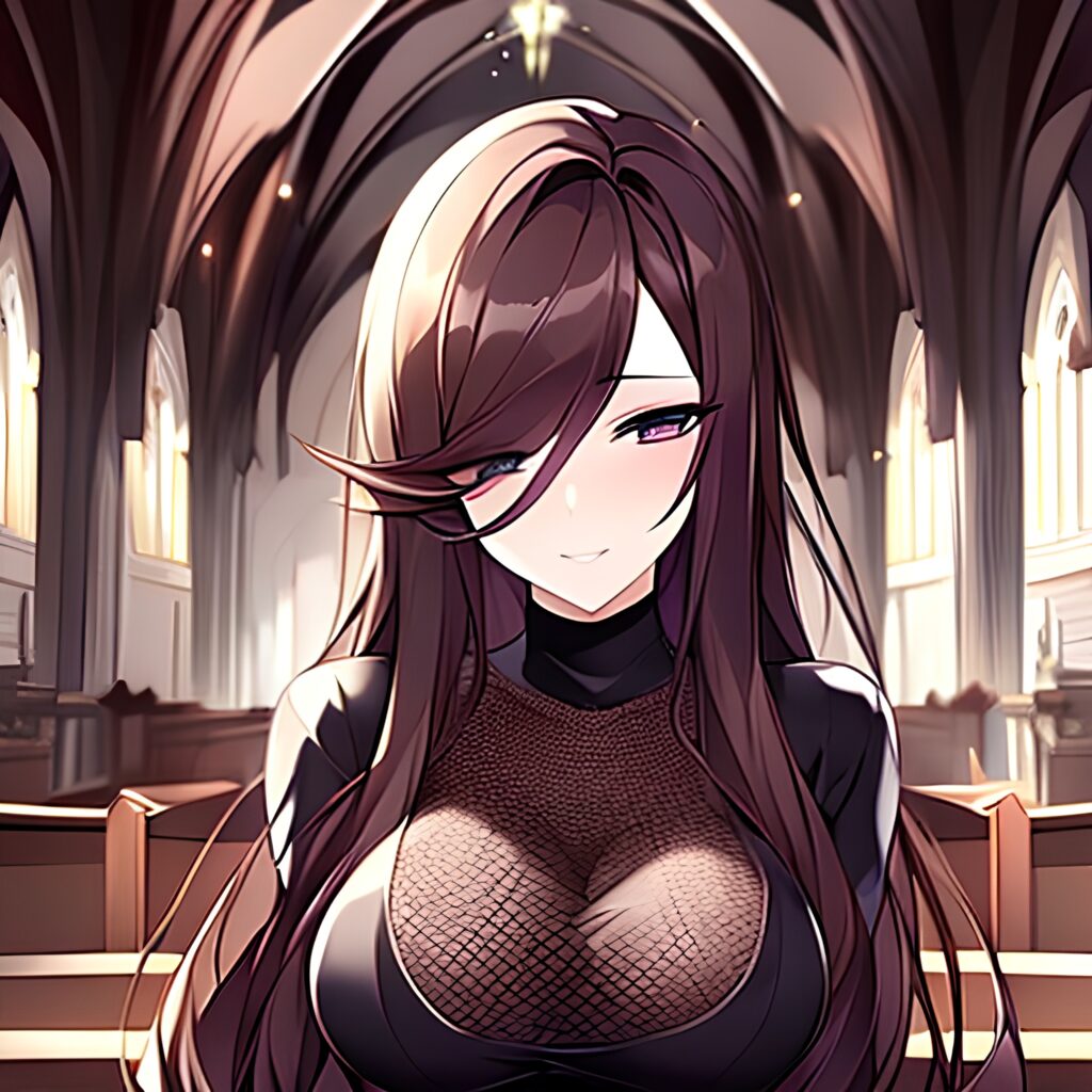 long hair brunette messy hair woman fishnet church 