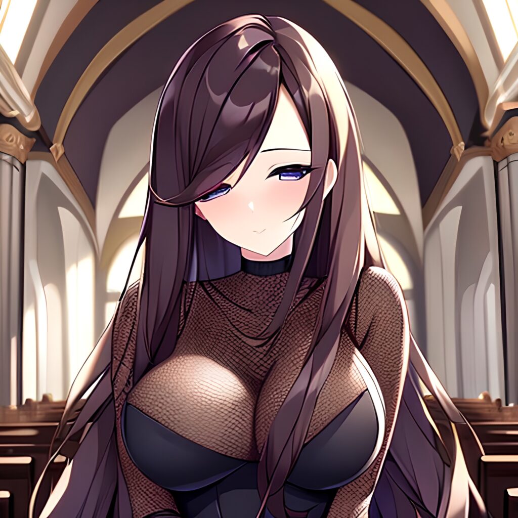 long hair brunette messy hair woman fishnet church
