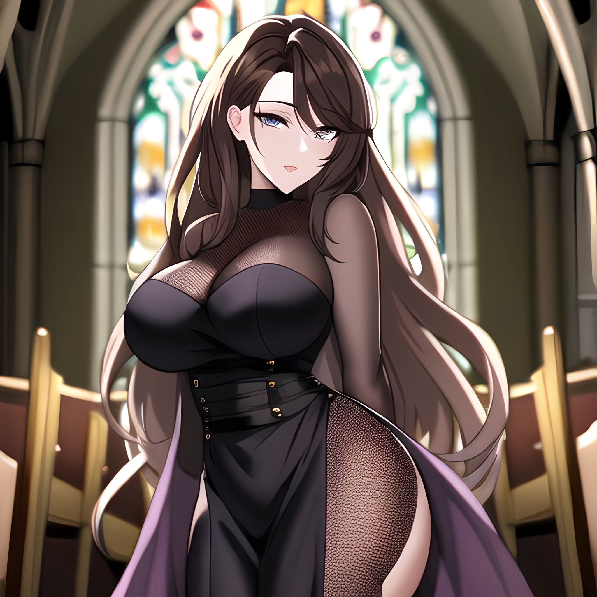 long hair brunette messy hair woman fishnet church