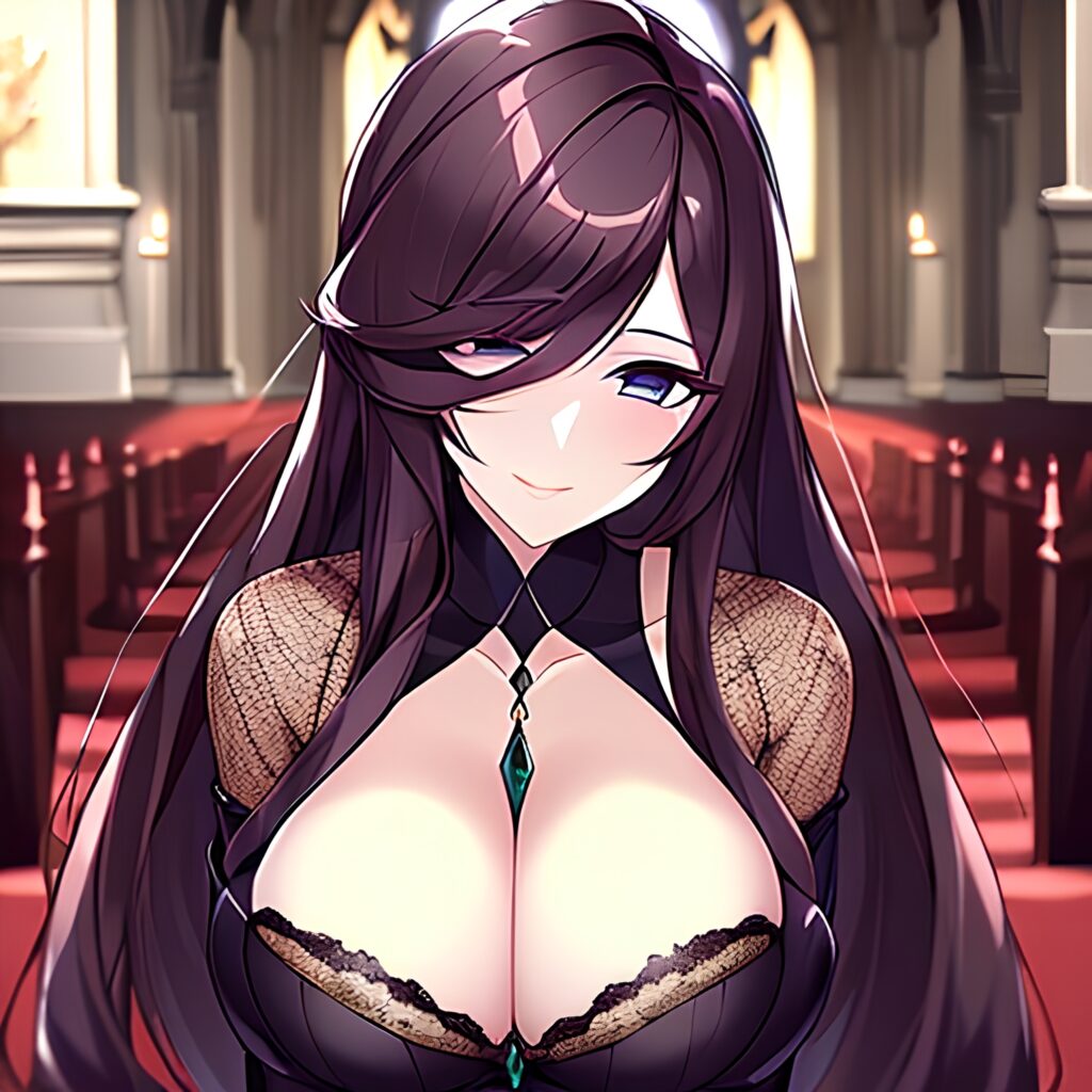 long hair brunette woman church fishnet messy hair