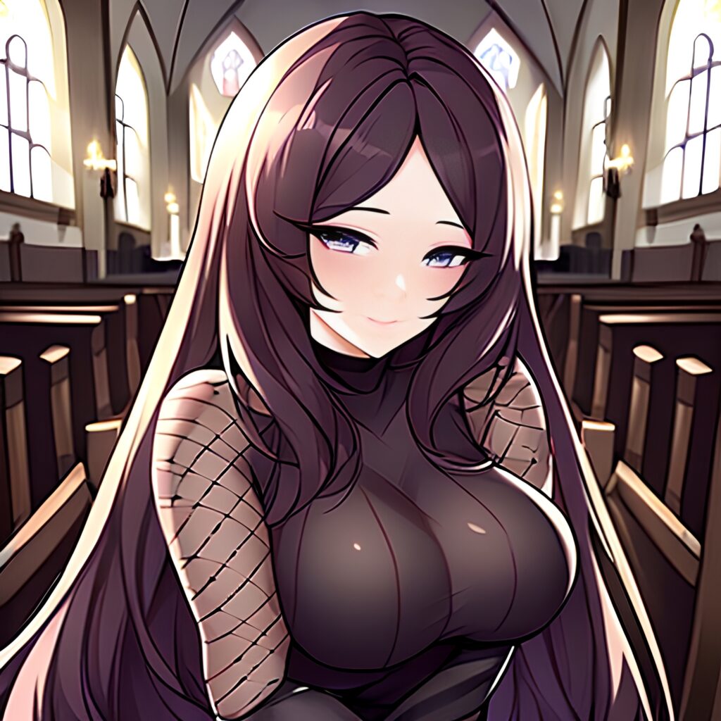 long hair brunette woman church fishnet messy hair 