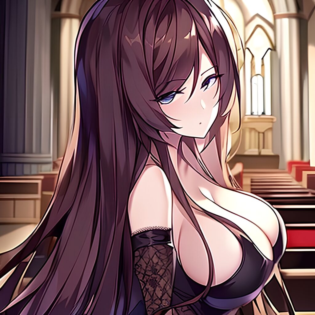 long hair brunette woman church messy hair fishnet