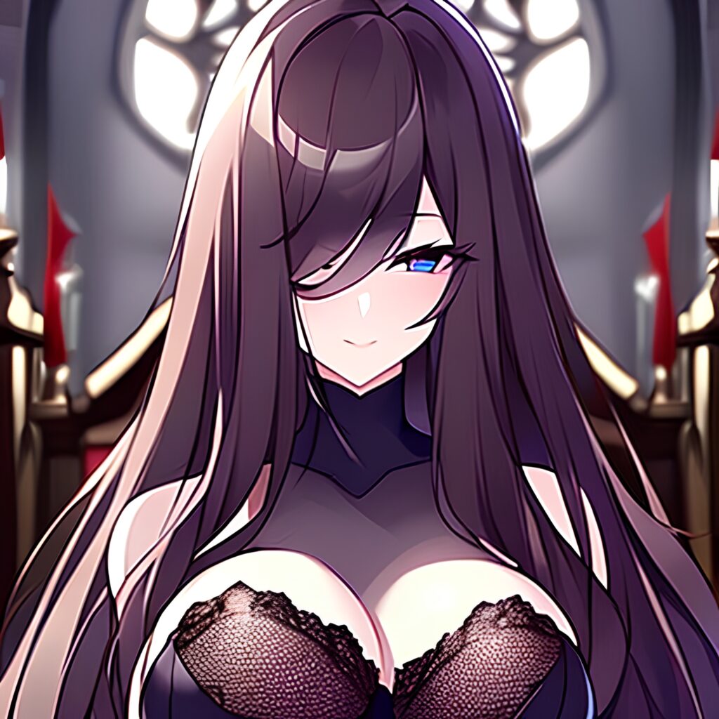 long hair brunette woman church messy hair fishnet 