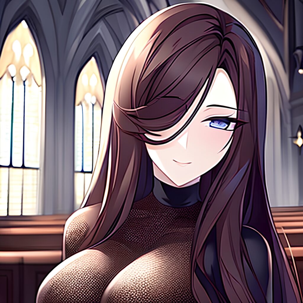 long hair brunette woman church messy hair fishnet