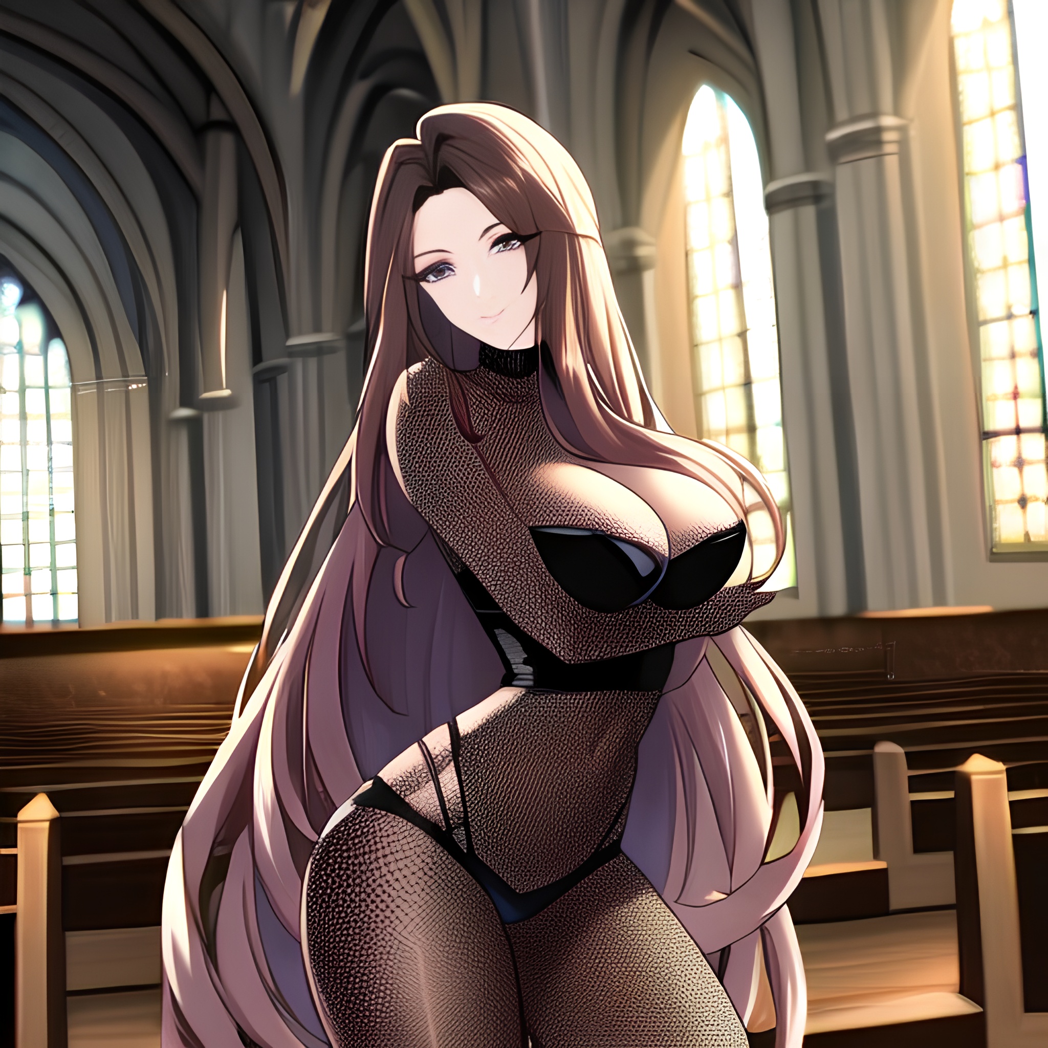 long hair brunette woman fishnet church messy hair
