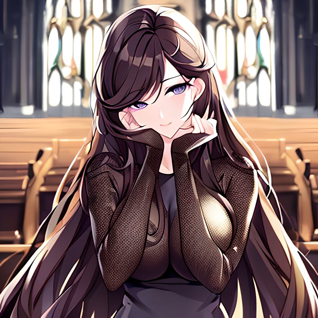 long hair brunette woman fishnet church messy hair 