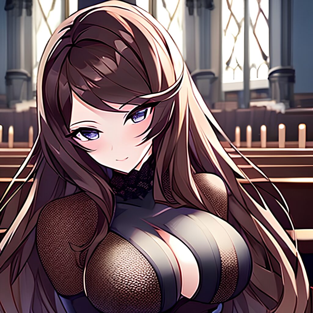 long hair brunette woman fishnet church messy hair 