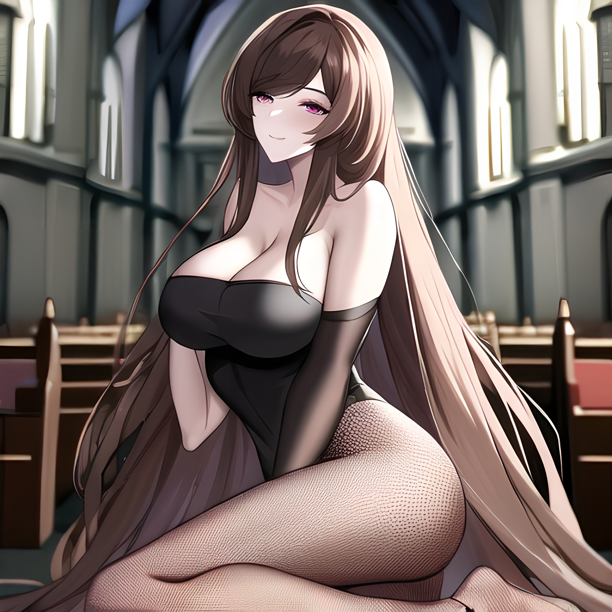long hair brunette woman fishnet messy hair church 