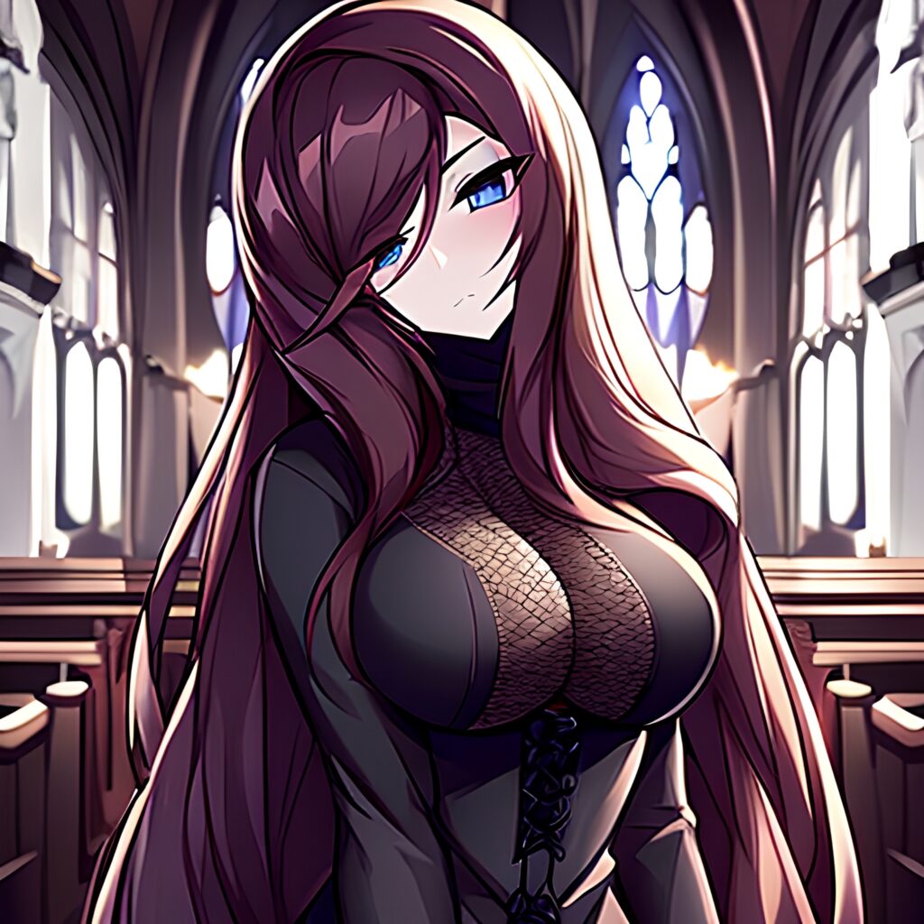 long hair brunette woman fishnet messy hair church 
