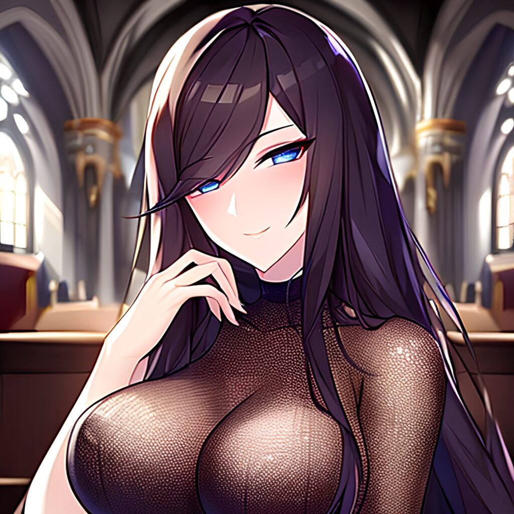 long hair brunette woman fishnet messy hair church 