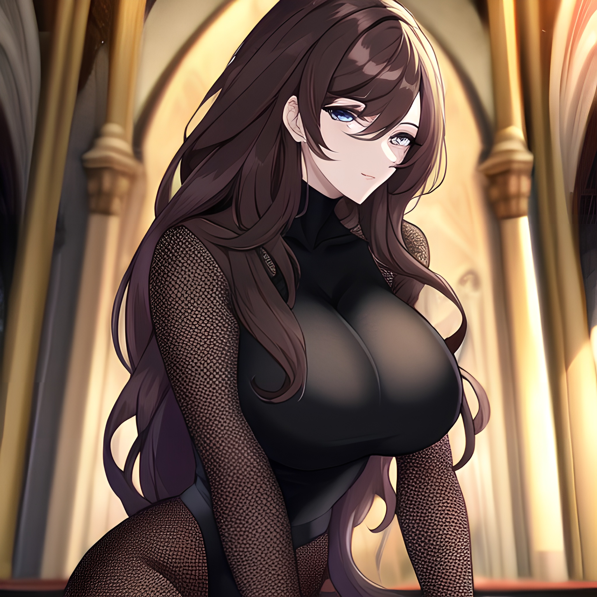 long hair brunette woman fishnet messy hair church 