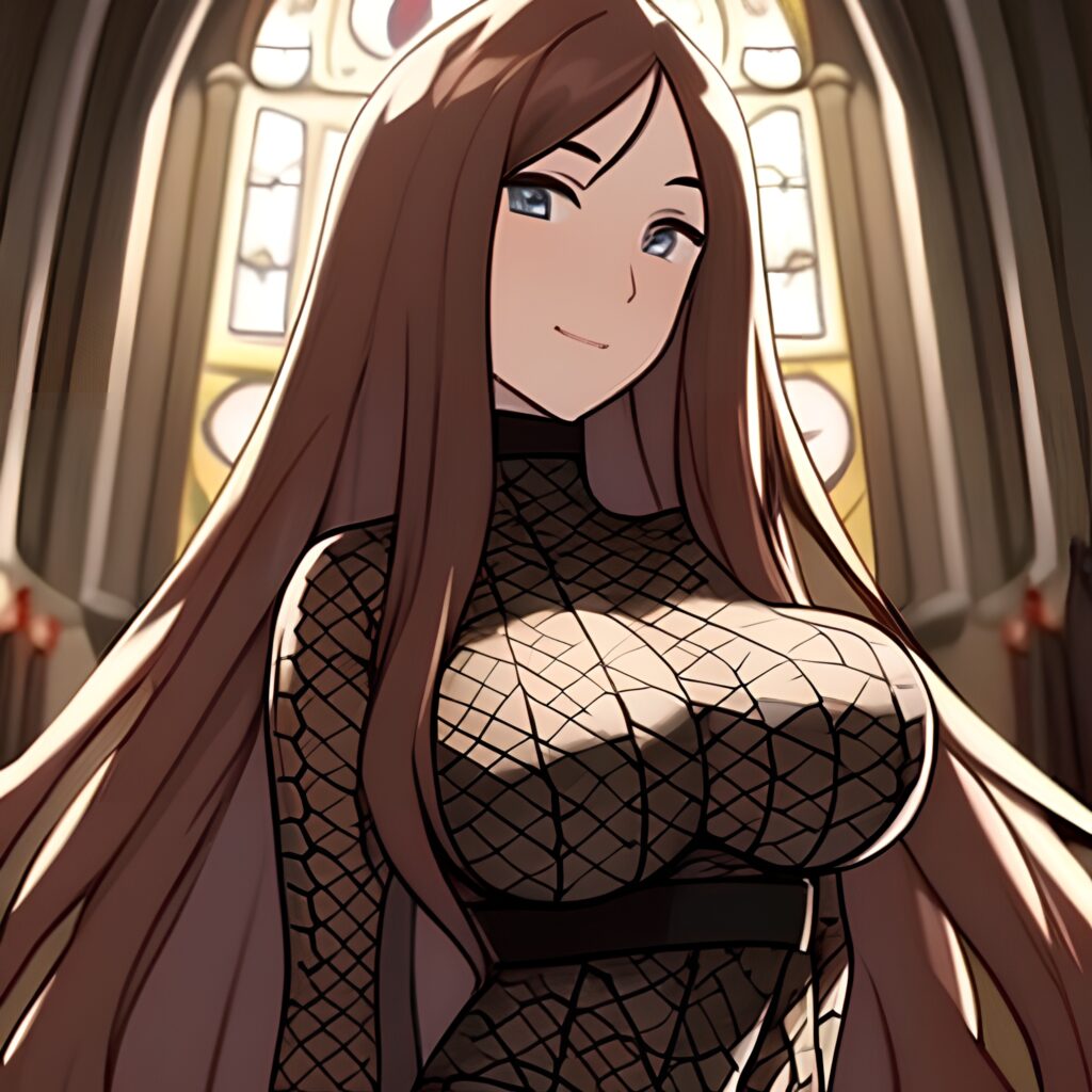 long hair brunette woman fishnet messy hair church