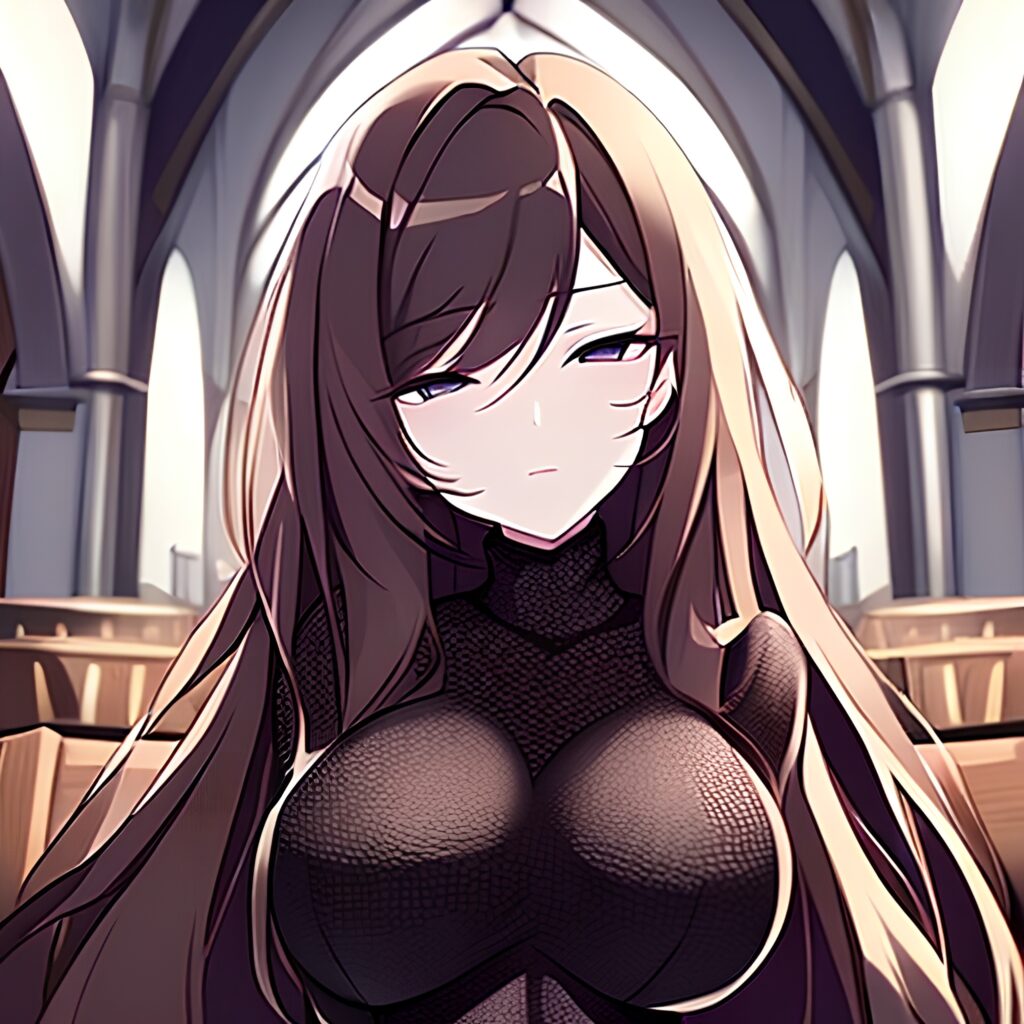 long hair brunette woman fishnet messy hair church 