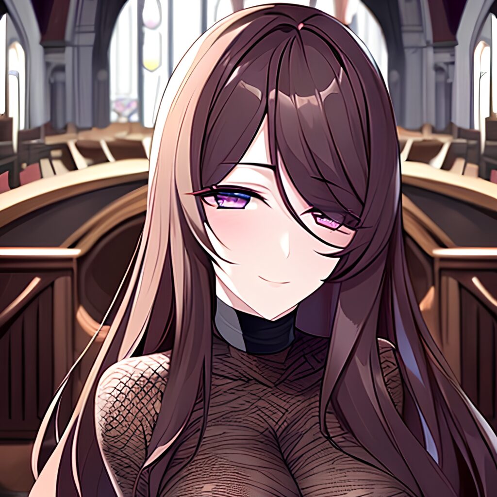 long hair brunette woman fishnet messy hair church 