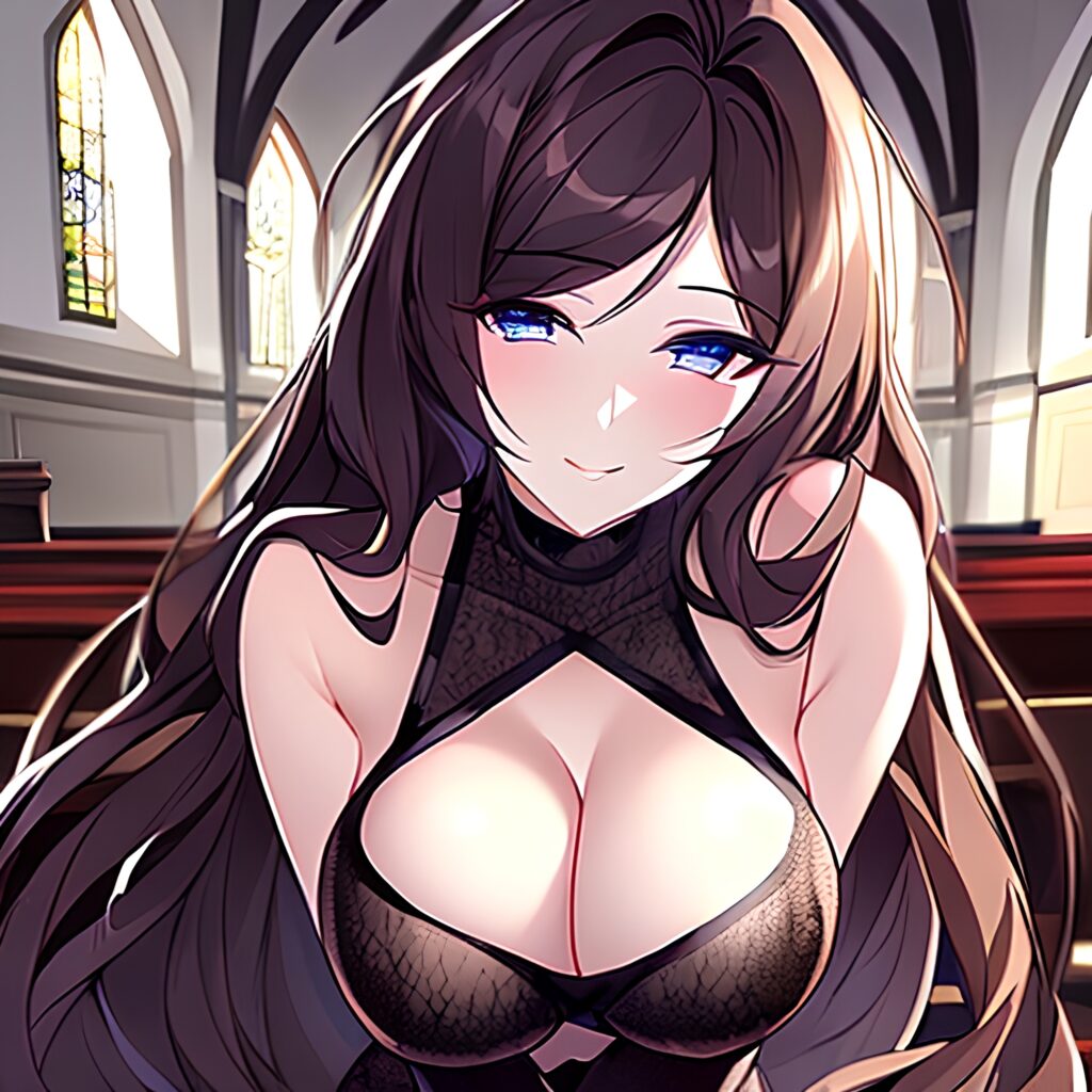 long hair brunette woman fishnet messy hair church 