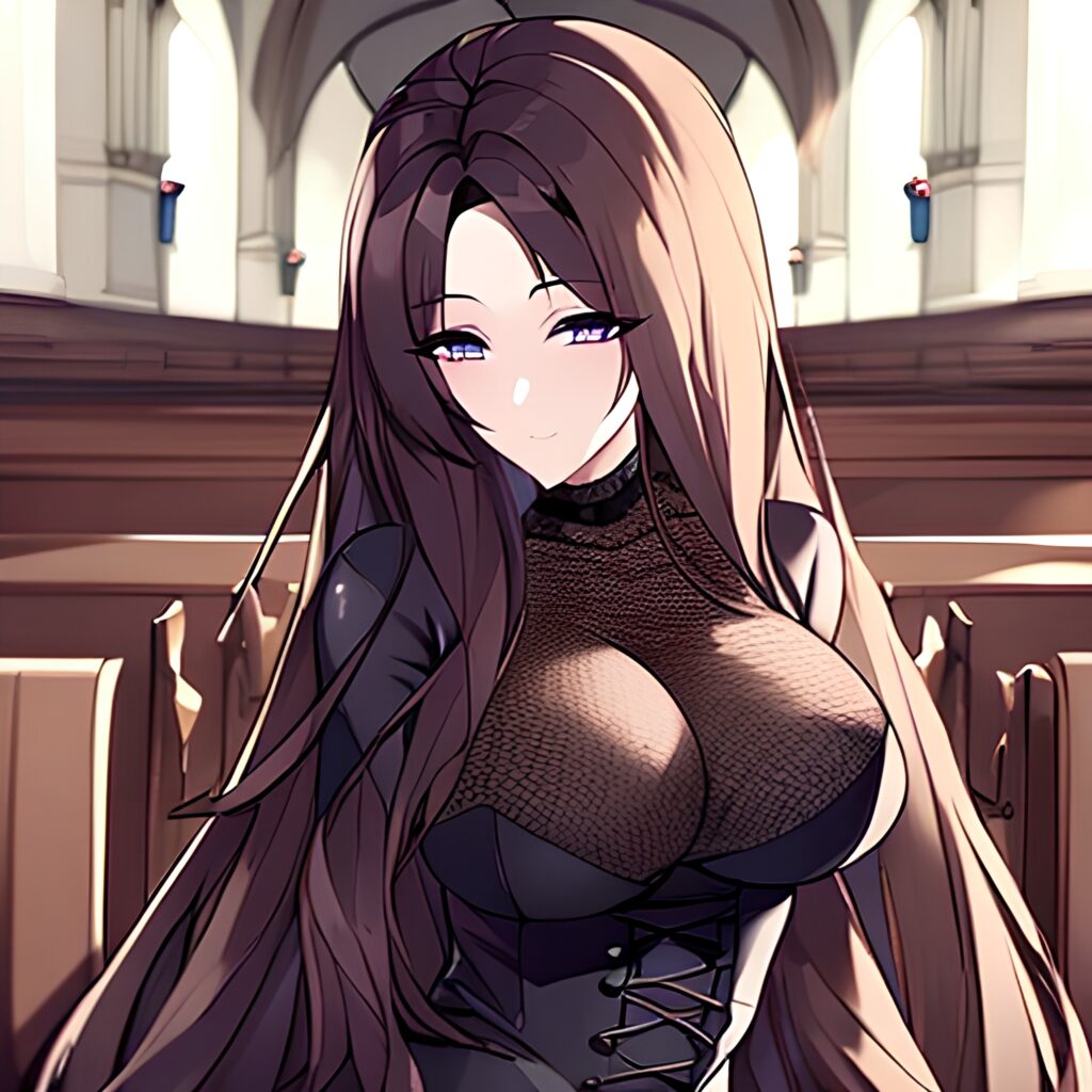 long hair brunette woman fishnet messy hair church