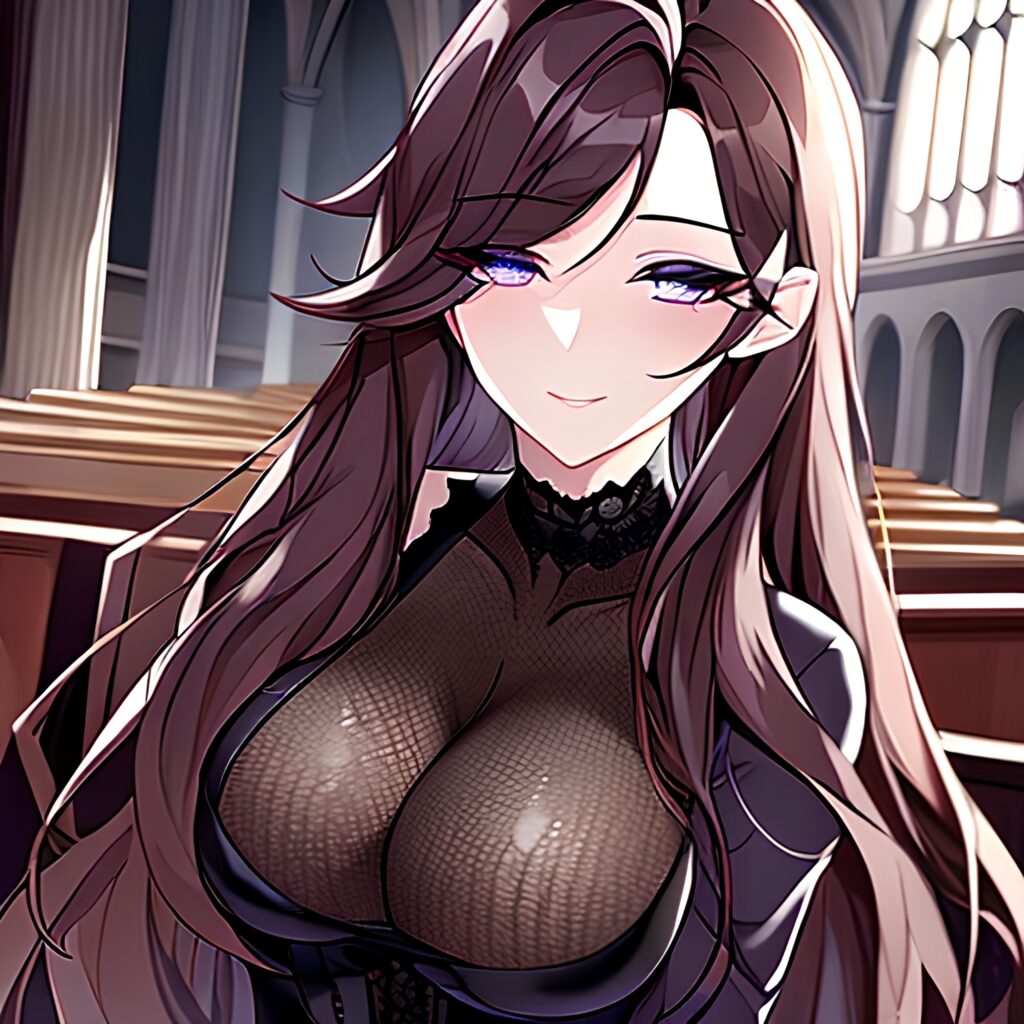 long hair brunette woman fishnet messy hair church 