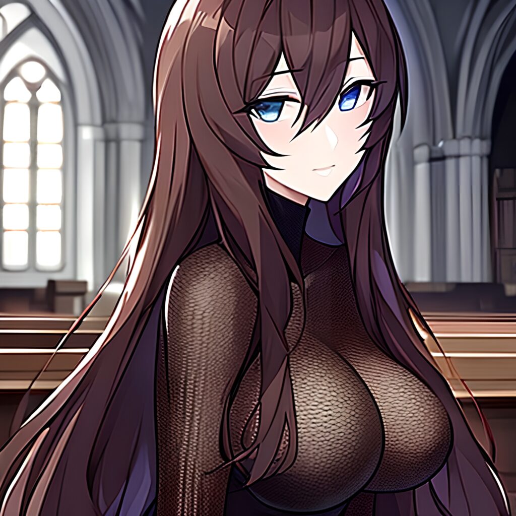 long hair brunette woman messy hair church fishnet