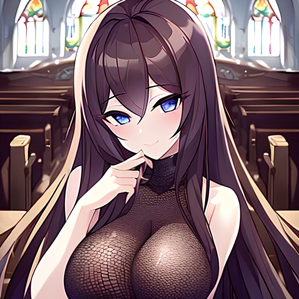 long hair brunette woman messy hair church fishnet