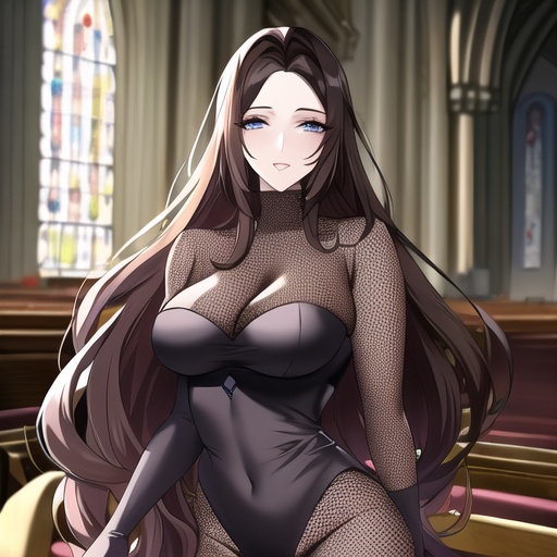 long hair brunette woman messy hair fishnet church 