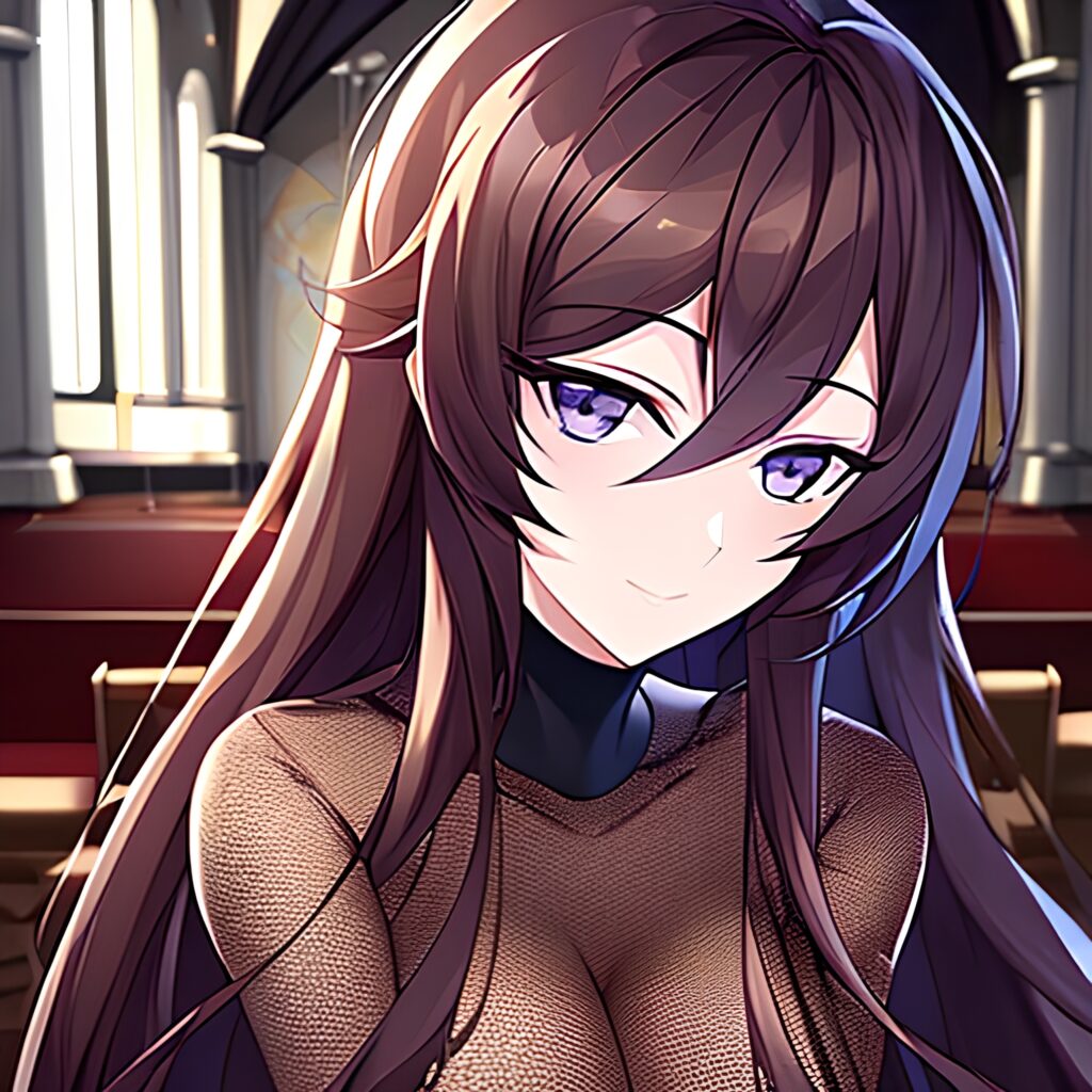 long hair brunette woman messy hair fishnet church 