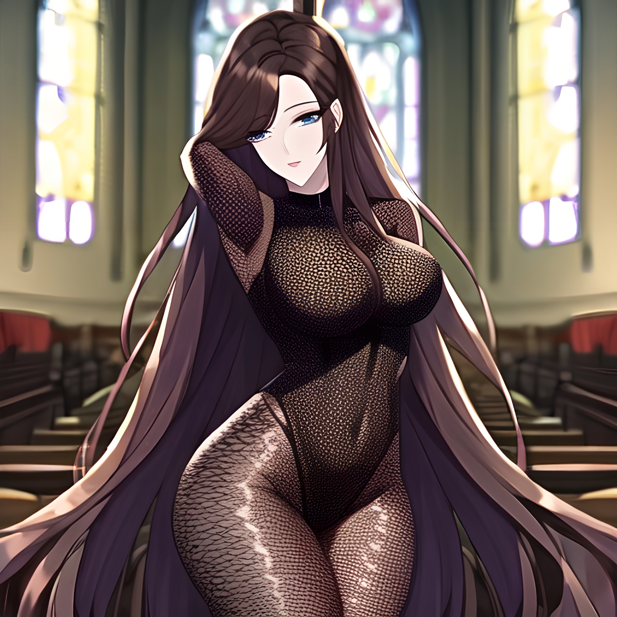 long hair brunette woman messy hair fishnet church 