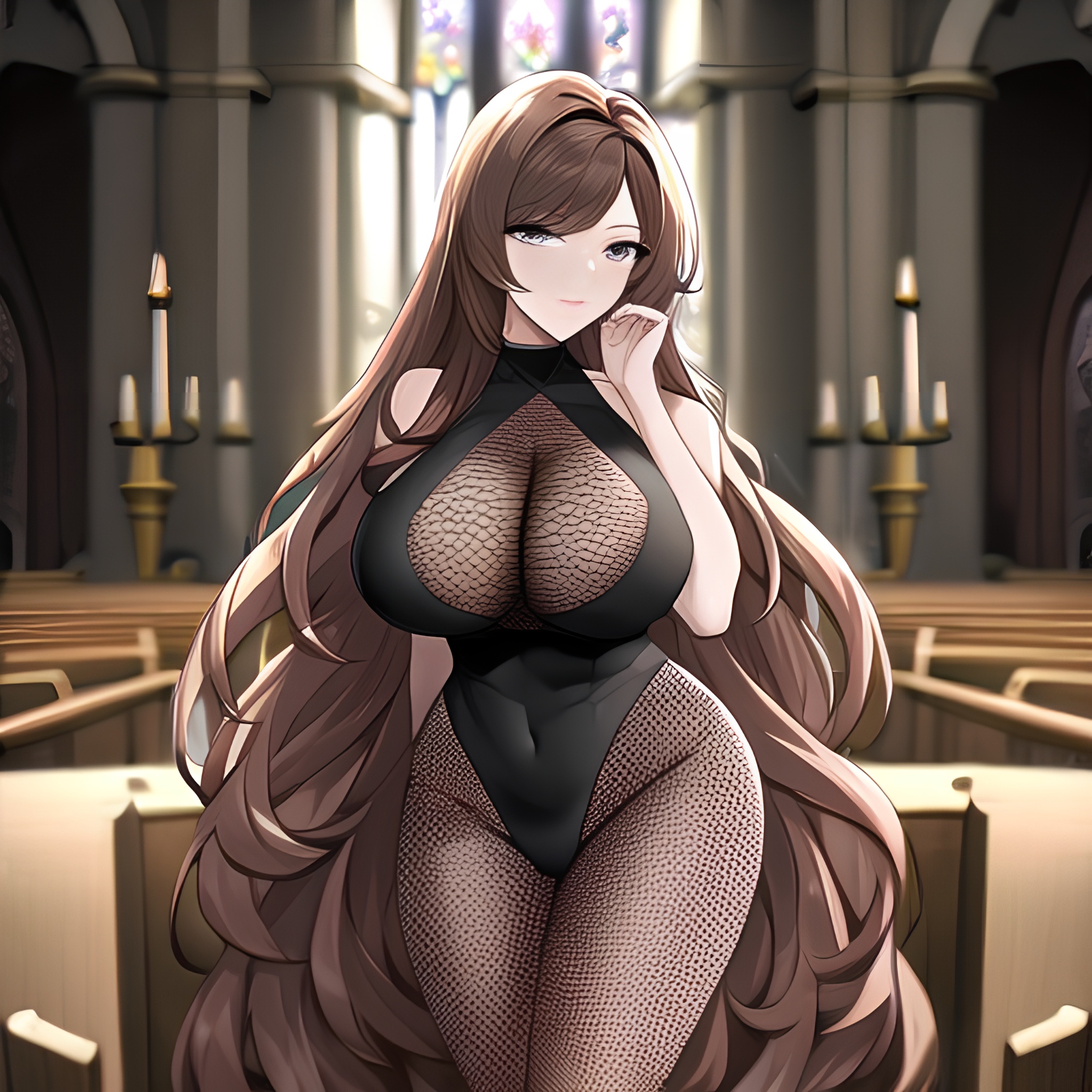 long hair brunette woman messy hair fishnet church