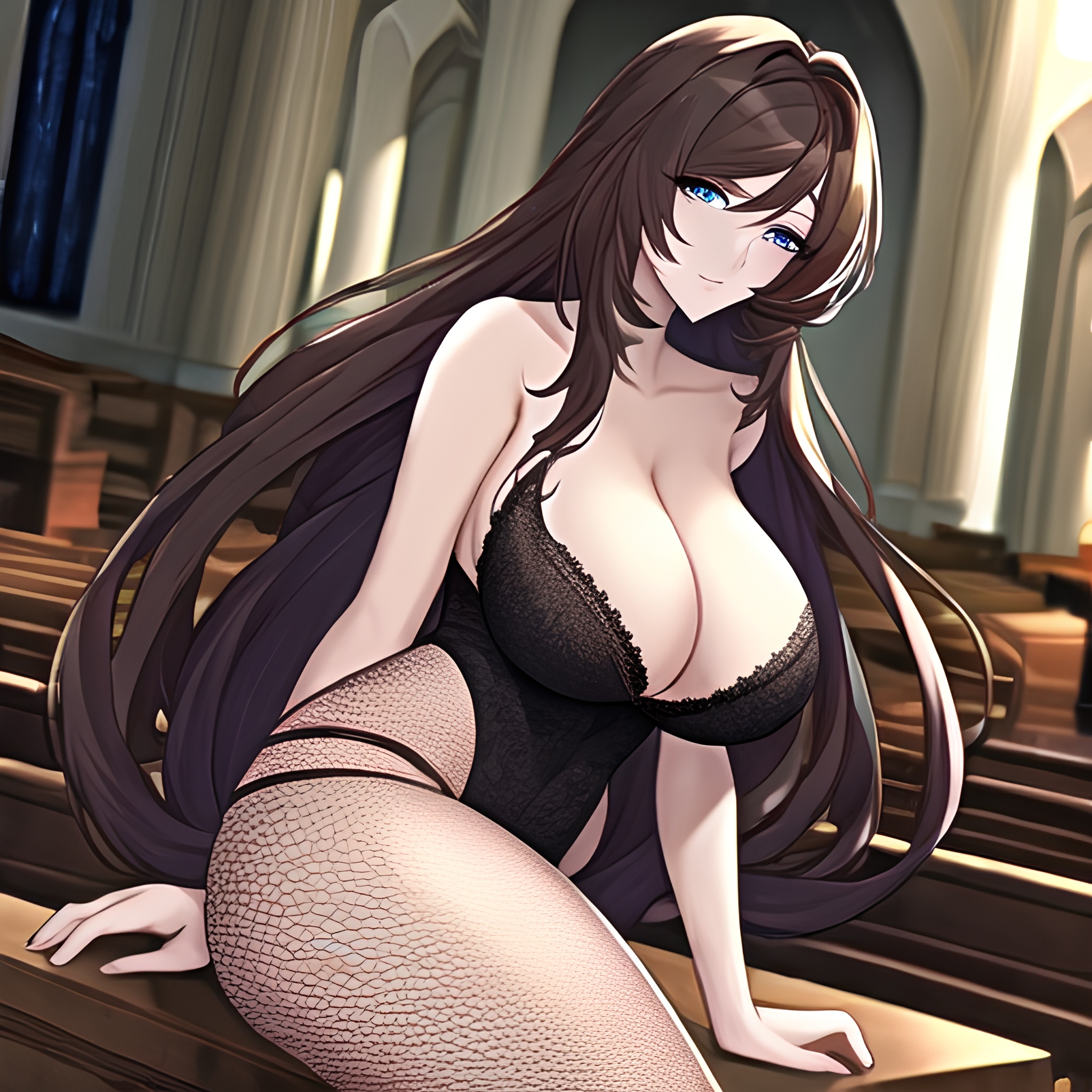 long hair brunette woman messy hair fishnet church 