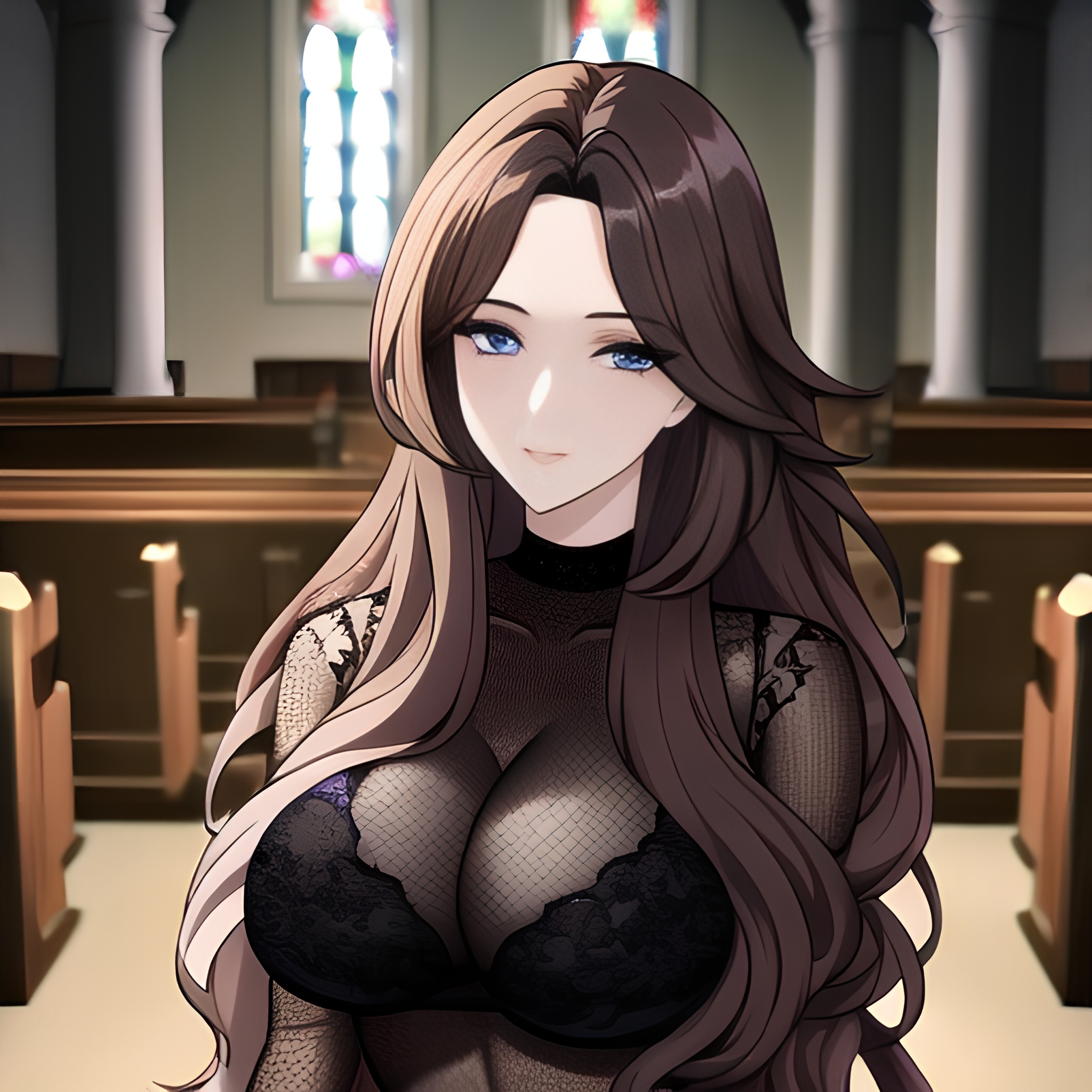 long hair church brunette fishnet woman messy hair