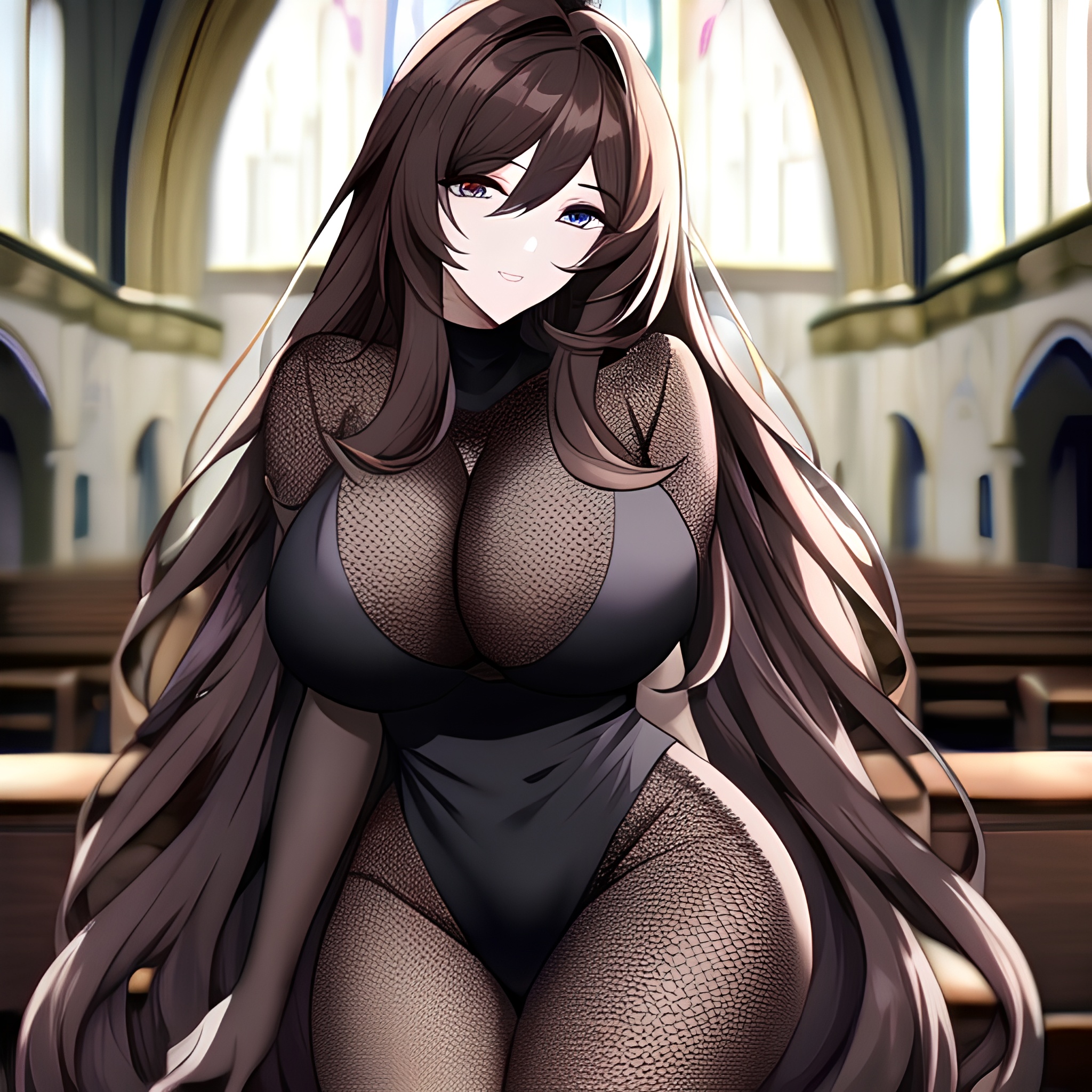 long hair church brunette fishnet woman messy hair 