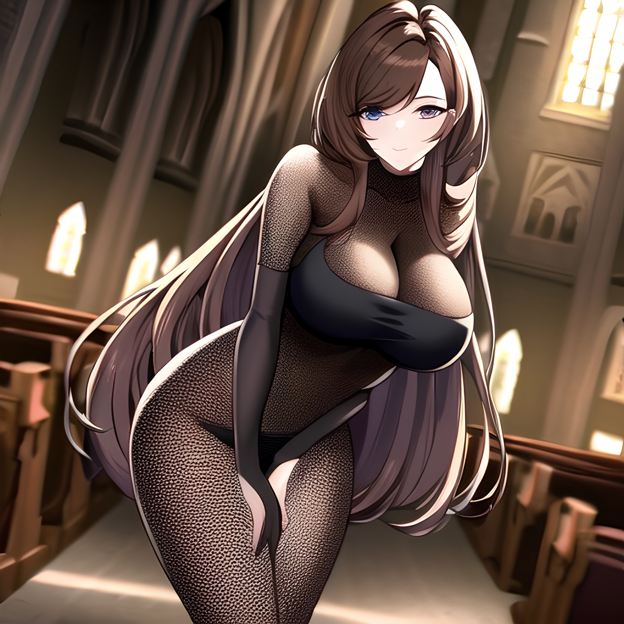 long hair church brunette messy hair fishnet woman 