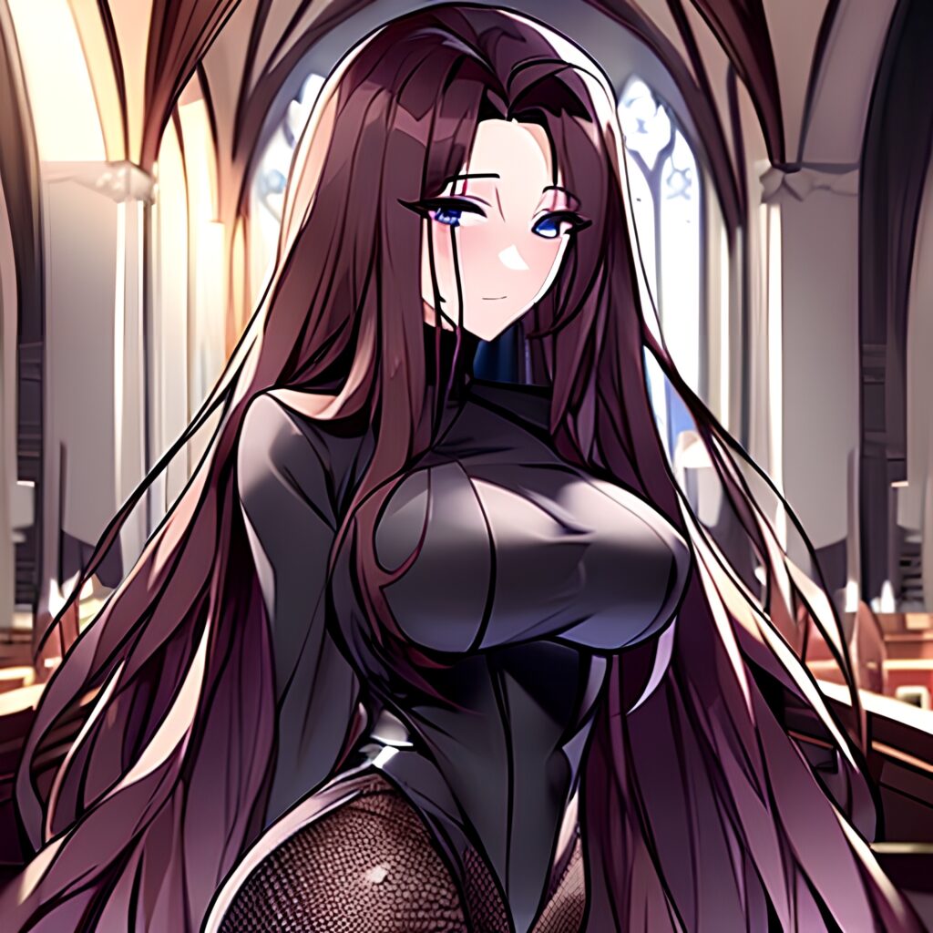 long hair church brunette messy hair woman fishnet 