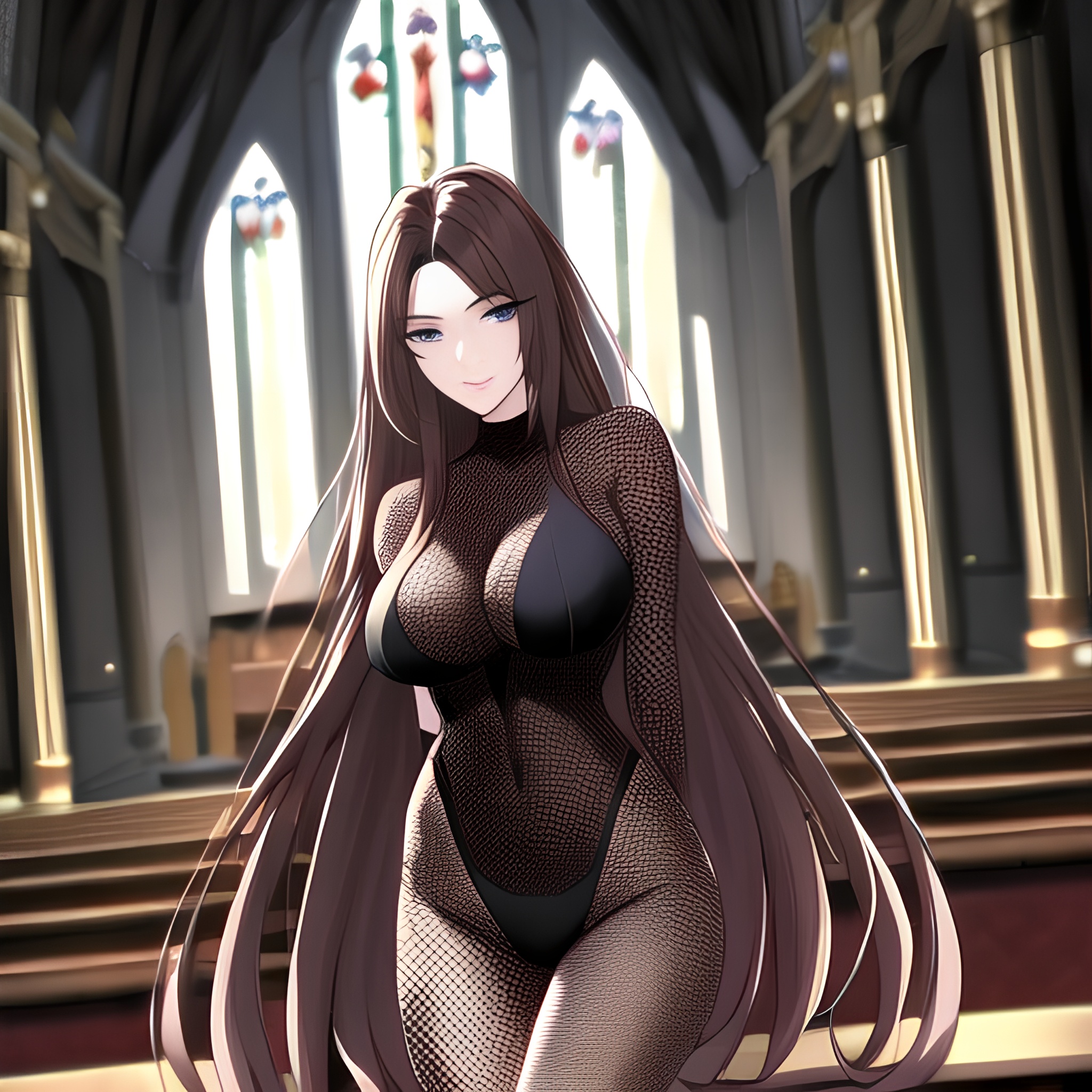 long hair church brunette woman fishnet messy hair 