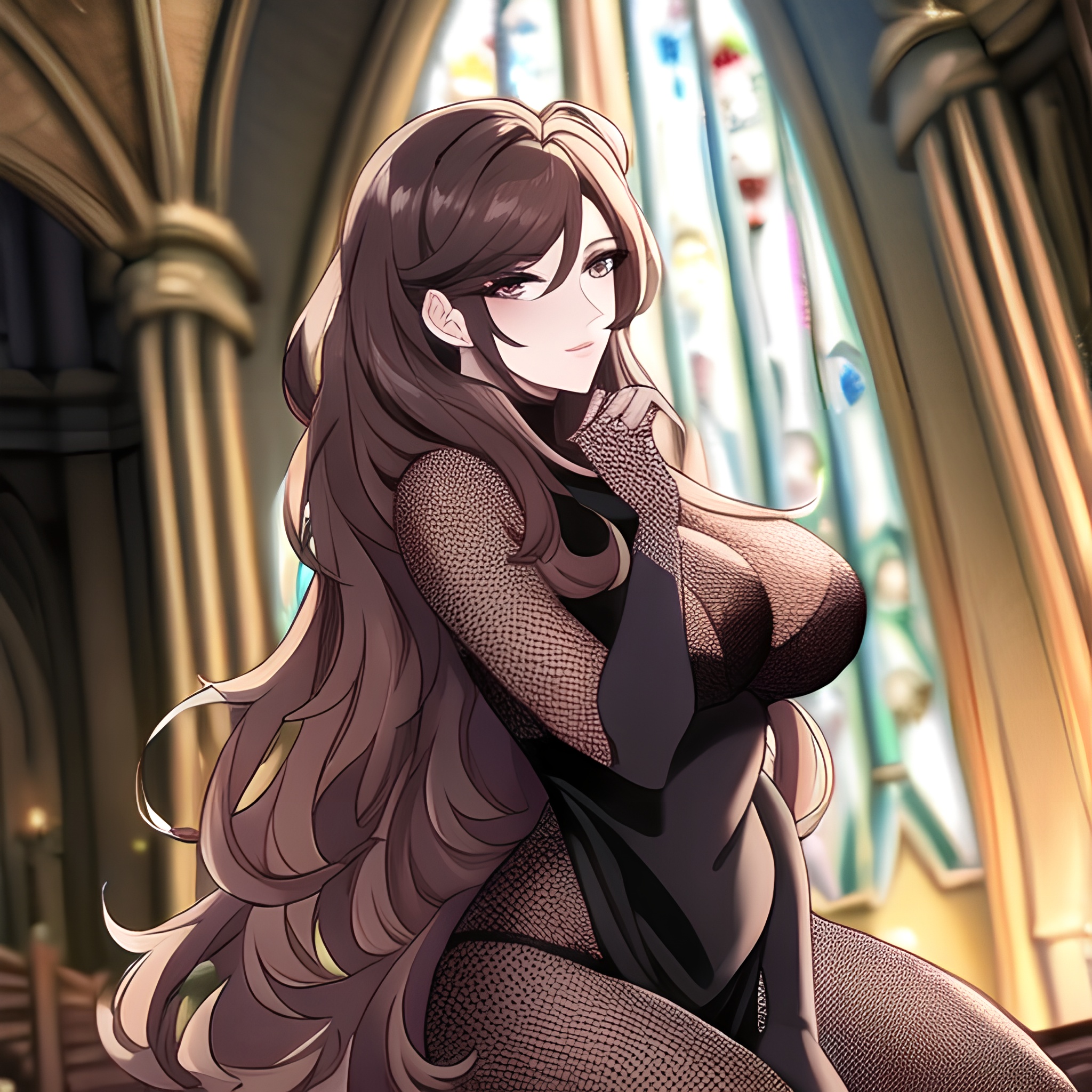 long hair church brunette woman fishnet messy hair 
