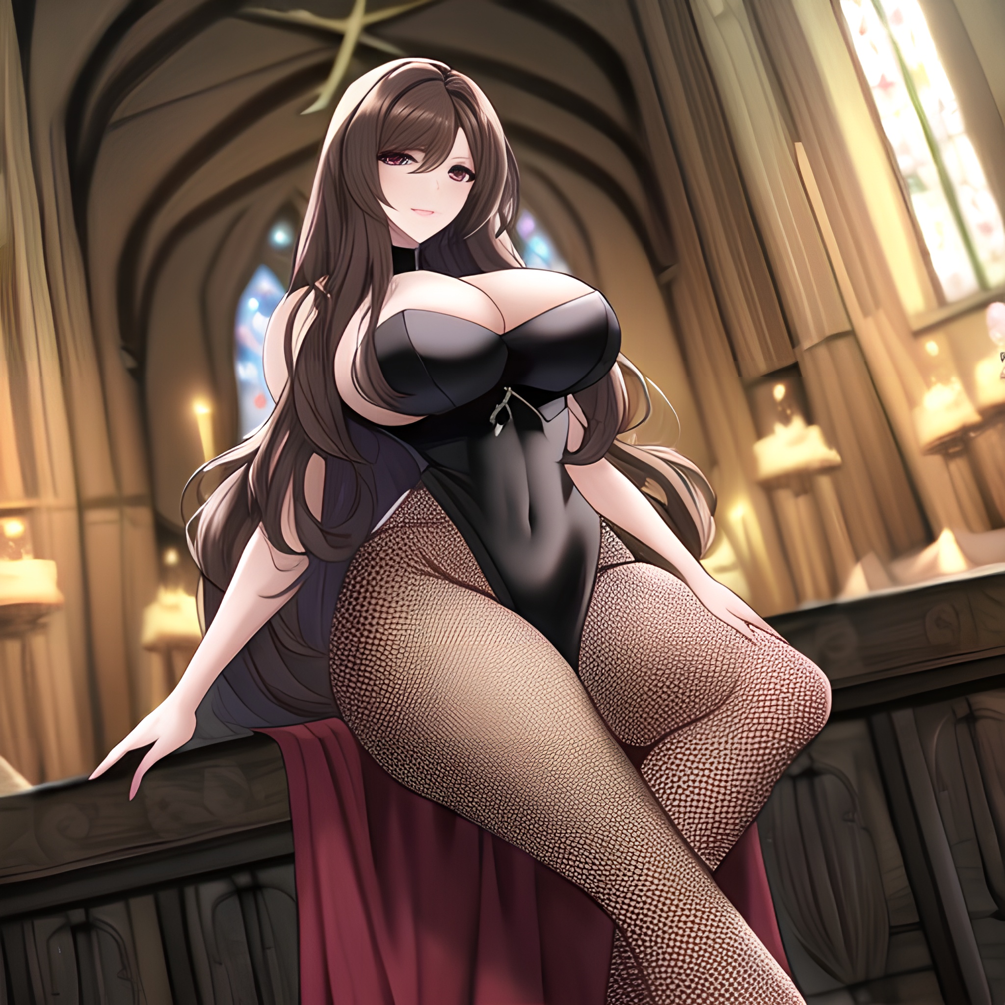 long hair church brunette woman messy hair fishnet