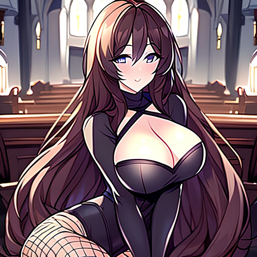 long hair church brunette woman messy hair fishnet 