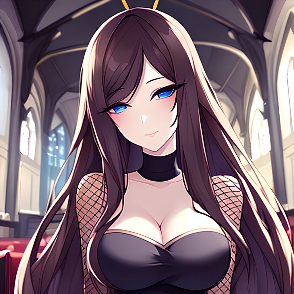 long hair church brunette woman messy hair fishnet
