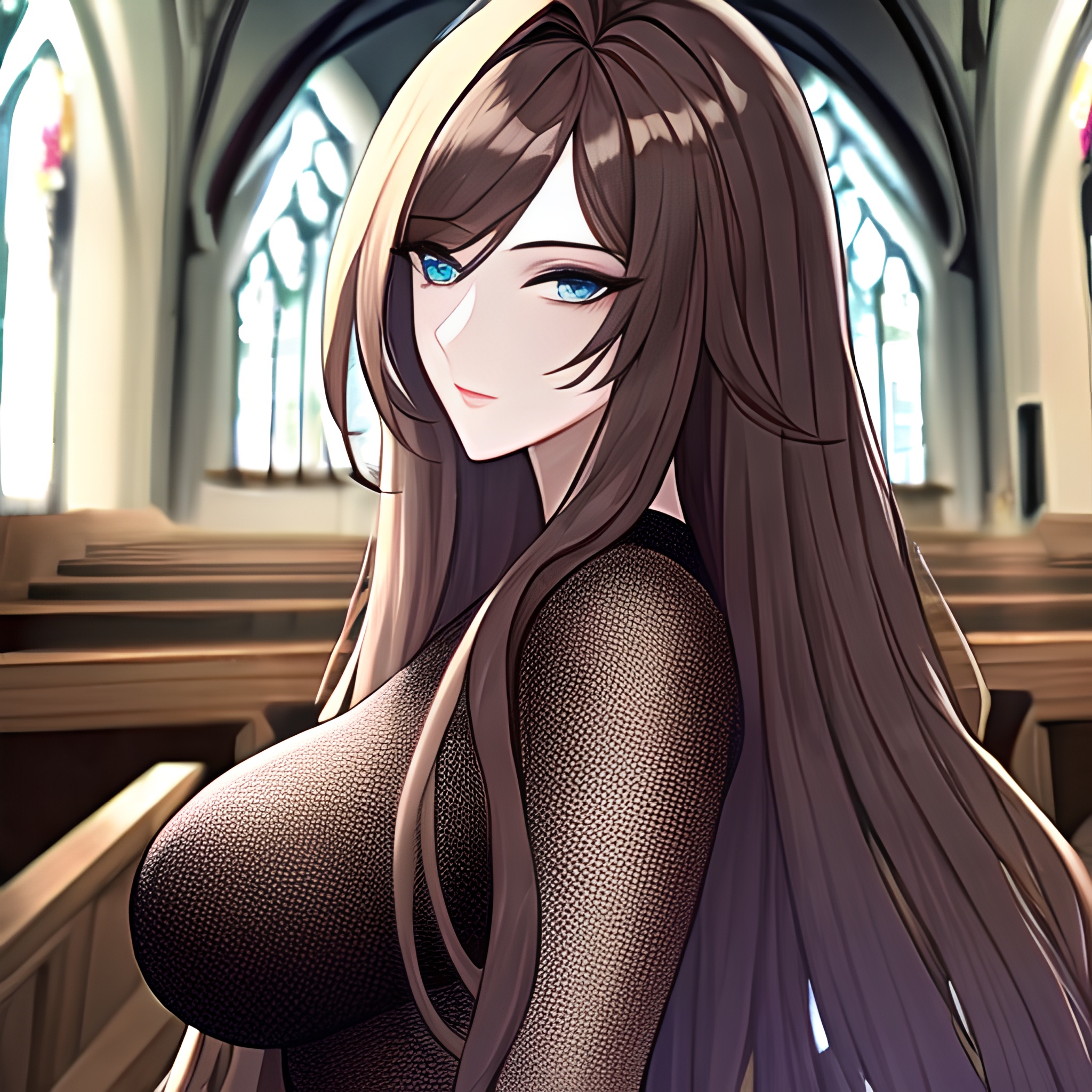 long hair church brunette woman messy hair fishnet 