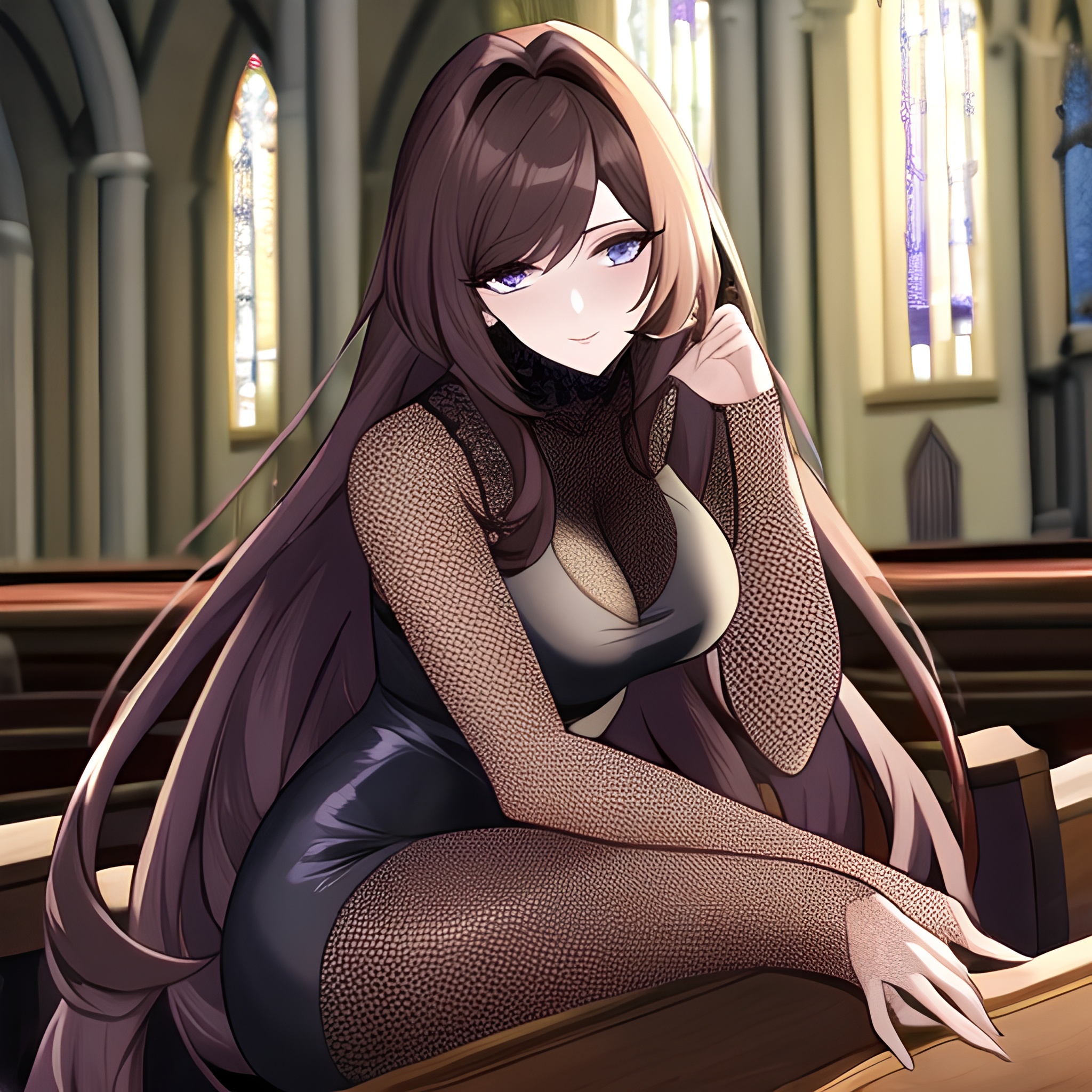 long hair church brunette woman messy hair fishnet