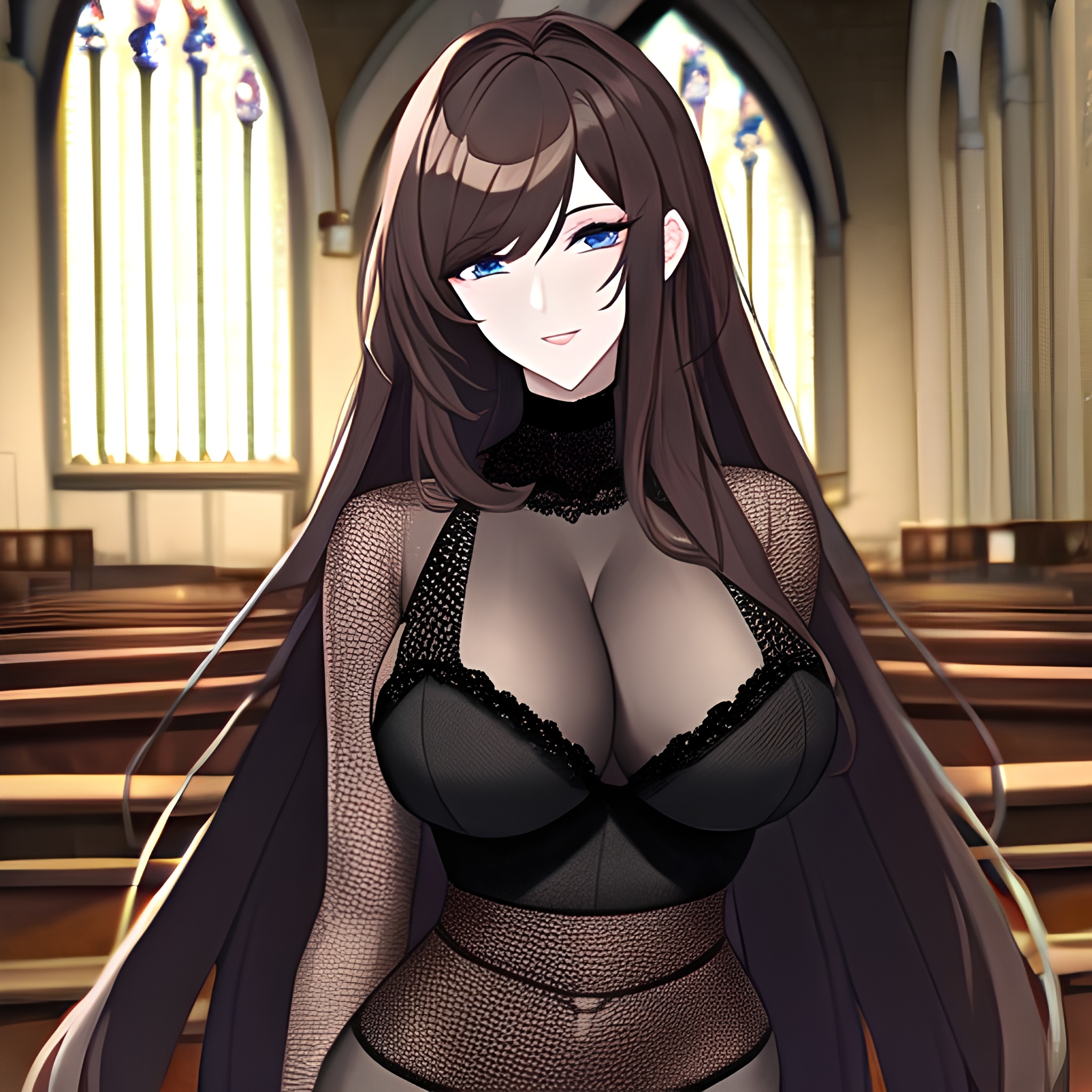 long hair church fishnet brunette woman messy hair 