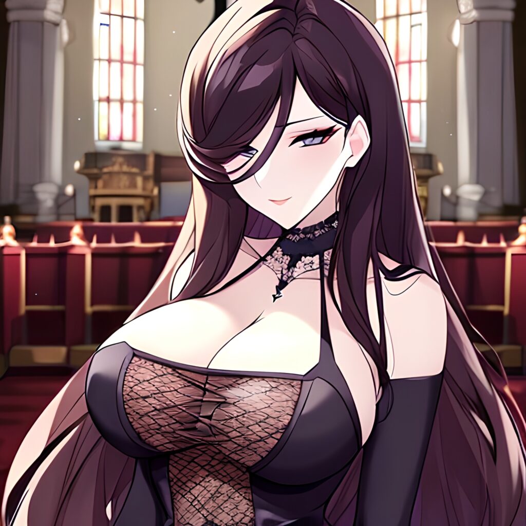 long hair church fishnet brunette woman messy hair 