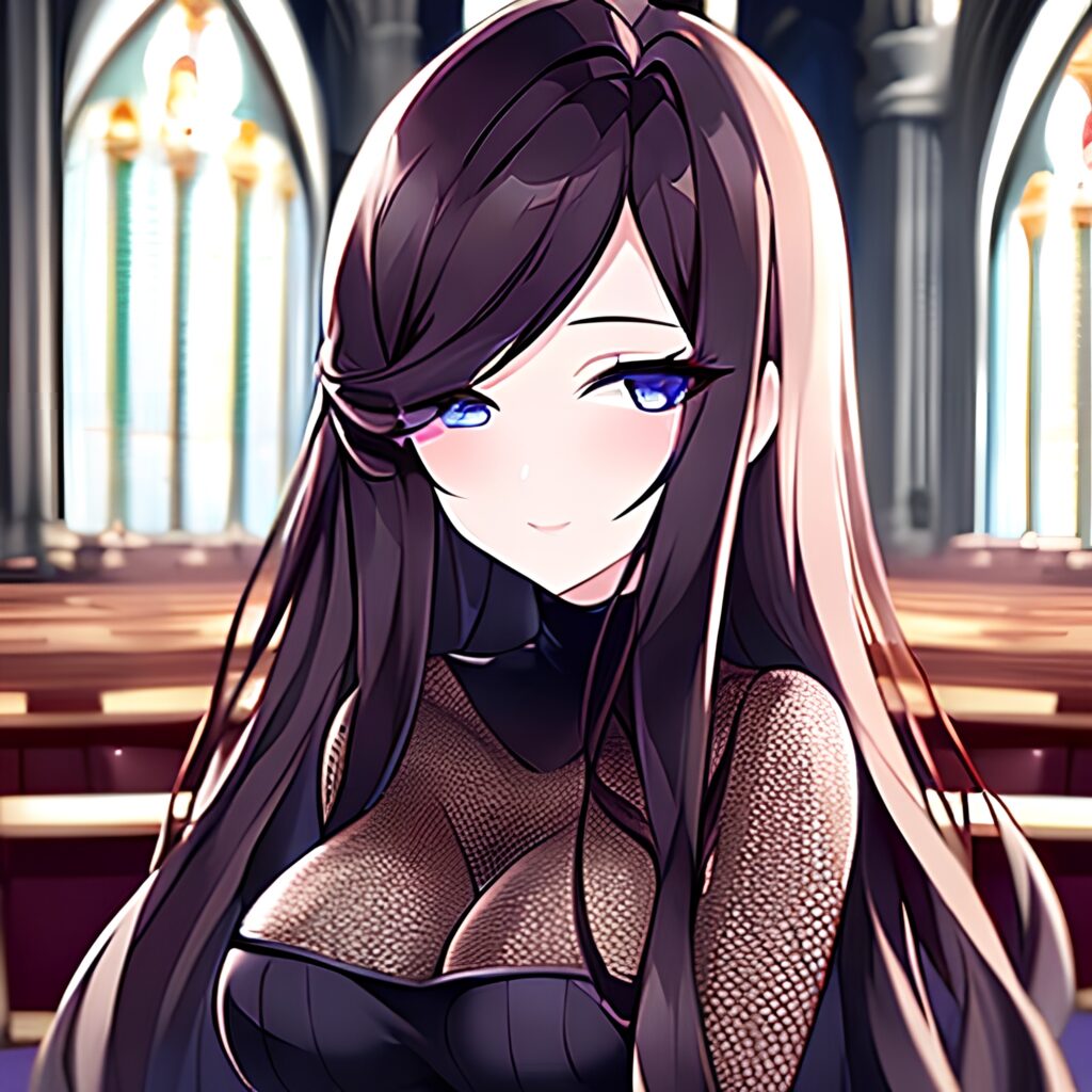 long hair church fishnet brunette woman messy hair 
