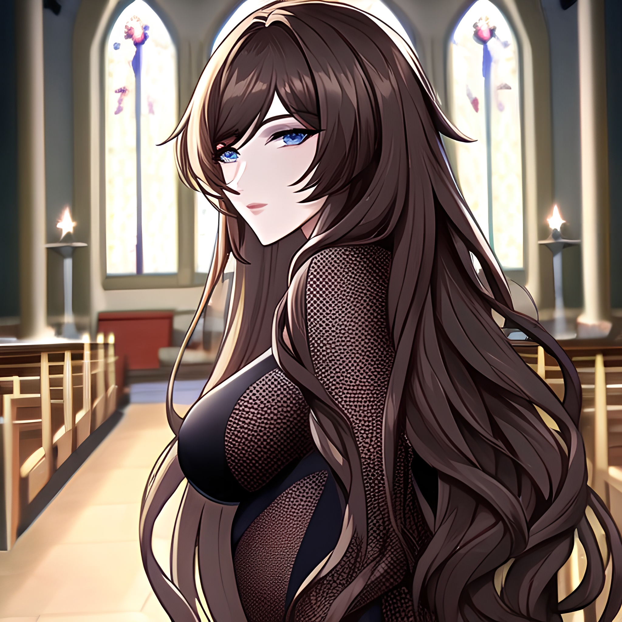 long hair church fishnet brunette woman messy hair