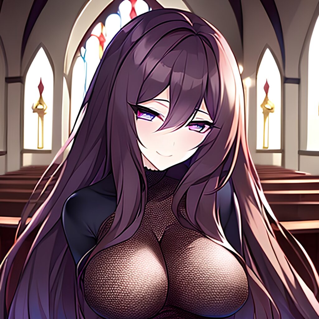 long hair church fishnet messy hair brunette woman