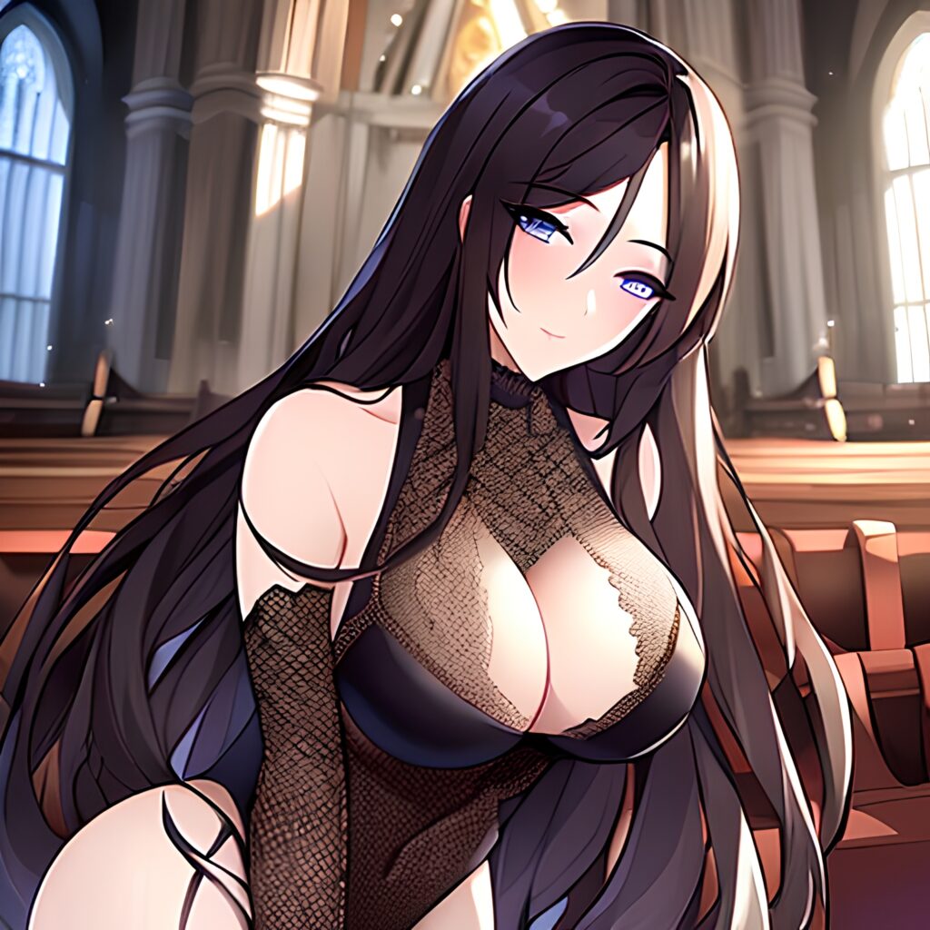 long hair church fishnet messy hair brunette woman 